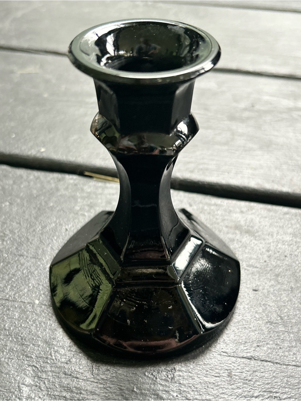 Vintage Black Glass Taper Candlestick Holder faceted multi sided base & stem